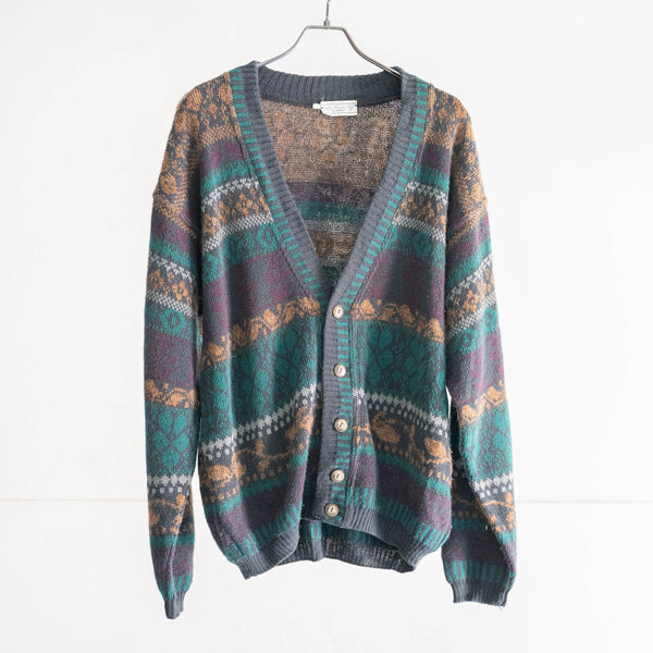 1990s wool × acrylic ethnic pattern knit cardigan