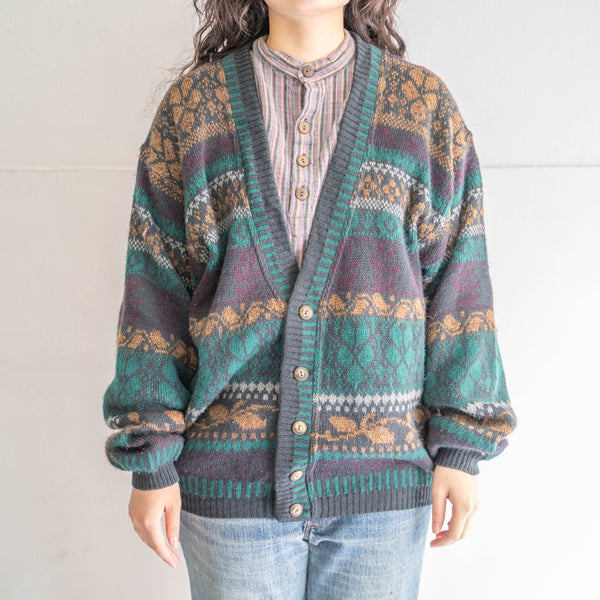 1990s wool × acrylic ethnic pattern knit cardigan