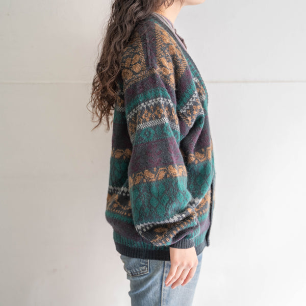 1990s wool × acrylic ethnic pattern knit cardigan