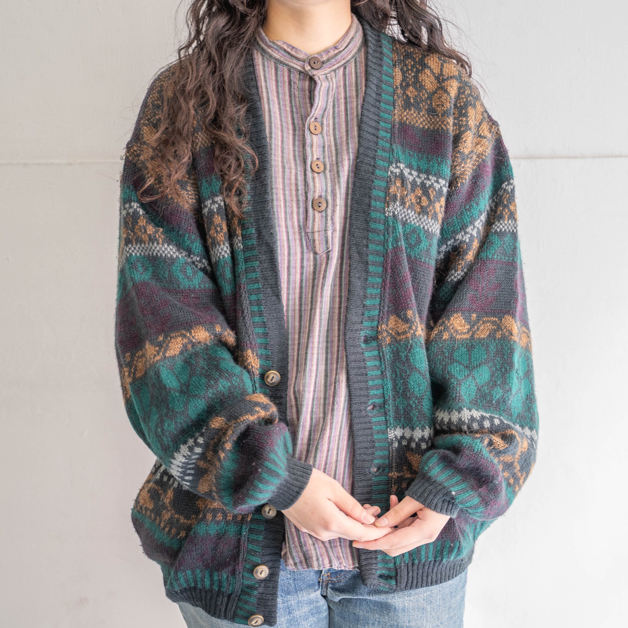 1990s wool × acrylic ethnic pattern knit cardigan