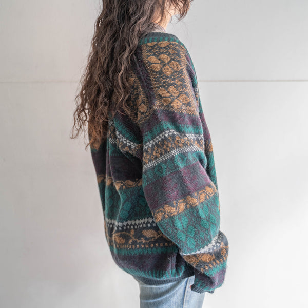 1990s wool × acrylic ethnic pattern knit cardigan