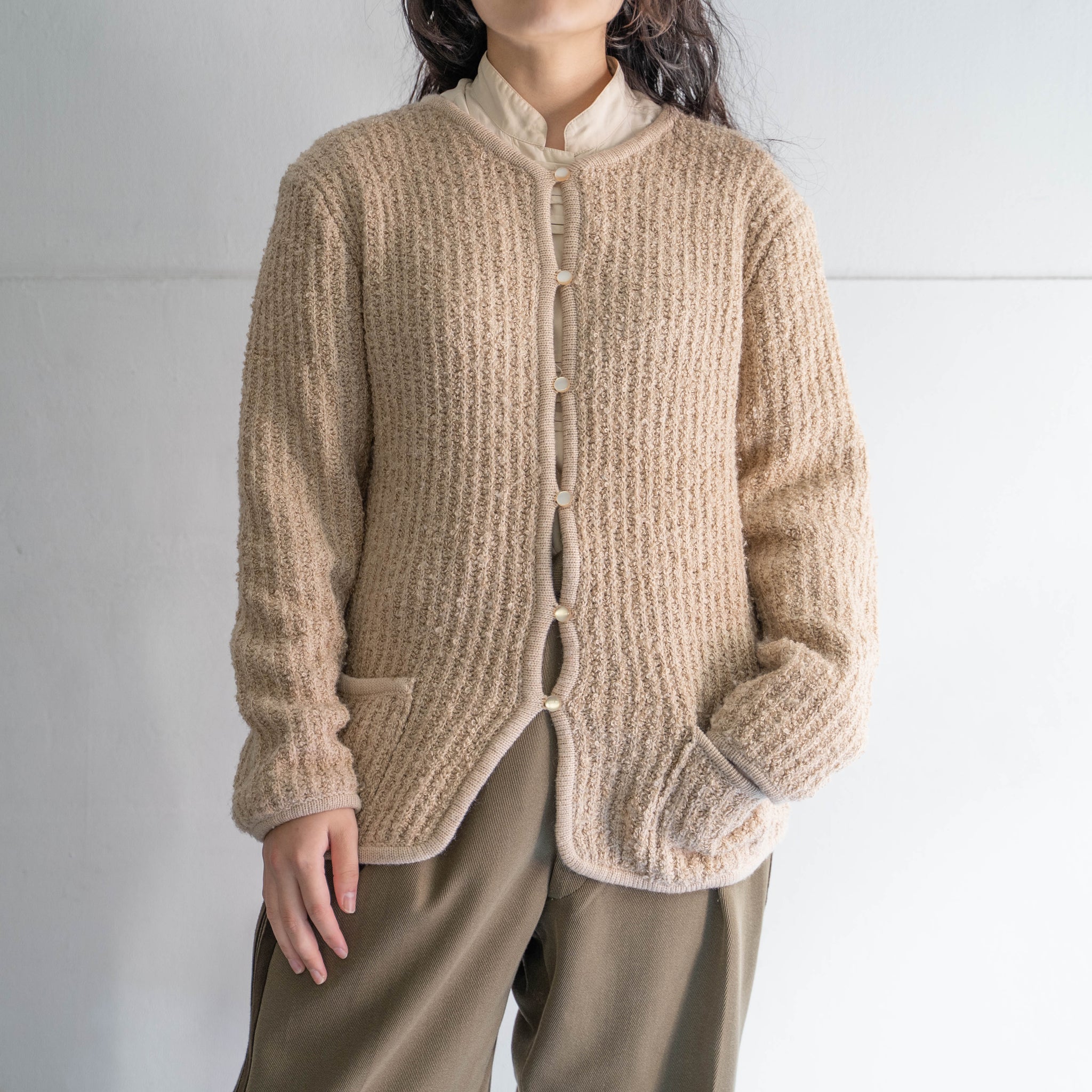 1980s beige color rib knit cardigan