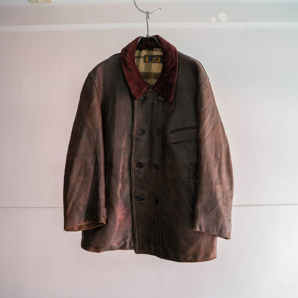 1950-60s France brown corbusier leather jacket -cords collar-