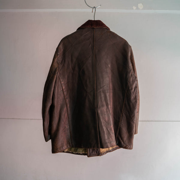 1950-60s France brown corbusier leather jacket -cords collar-