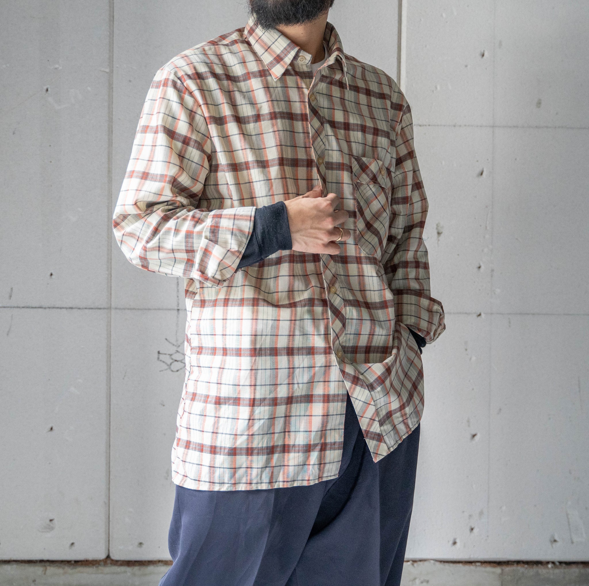 around 1980s Germany brown × orange check shirt "dead stock"