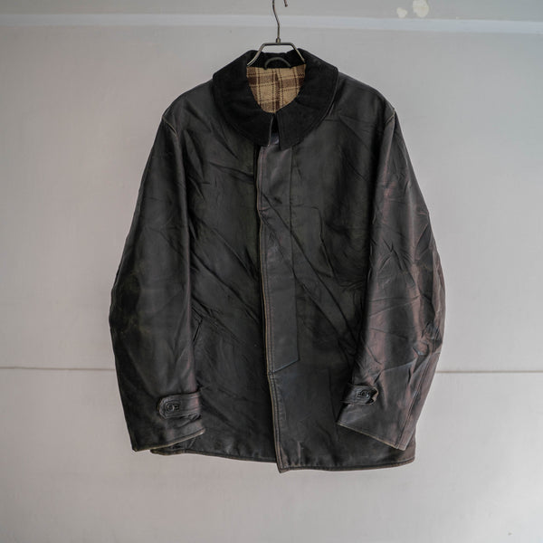 1960s France black leather half coat -wool collar-