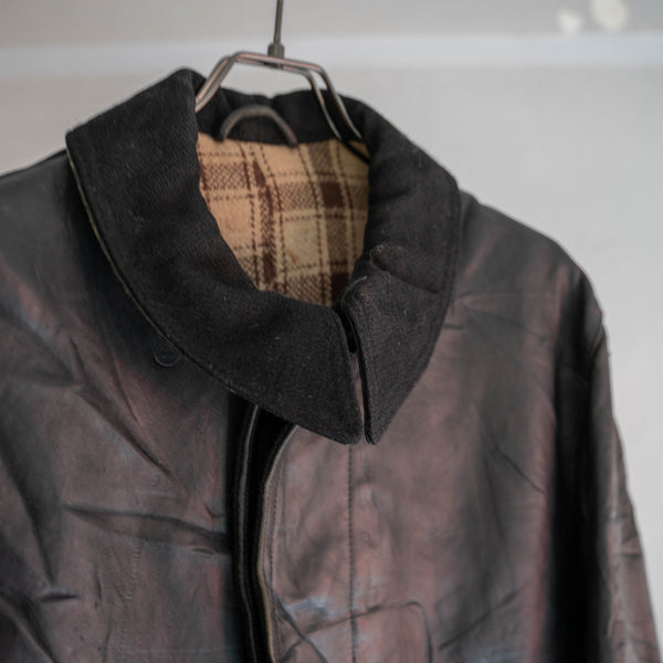 1960s France black leather half coat -wool collar-