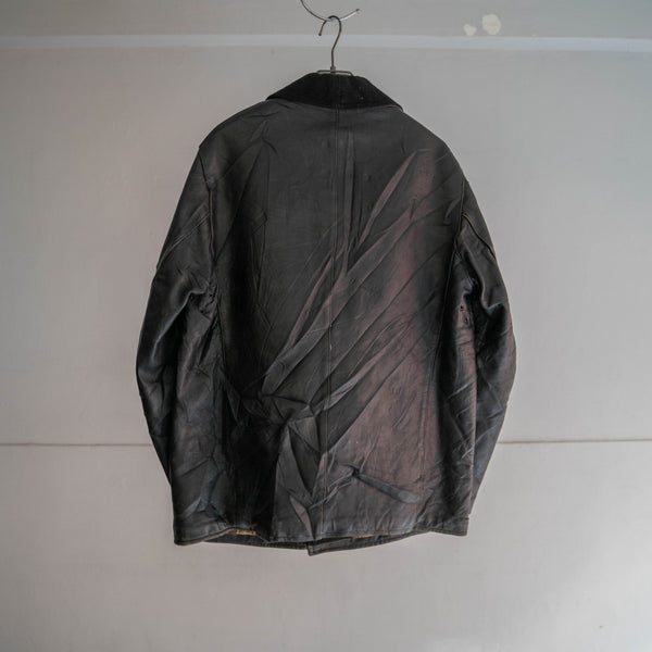 1960s France black leather half coat -wool collar-