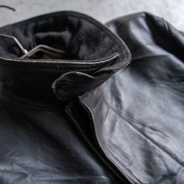 1960s France black leather half coat -wool collar-