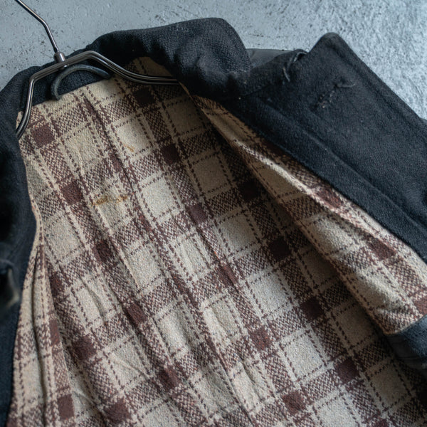 1960s France black leather half coat -wool collar-