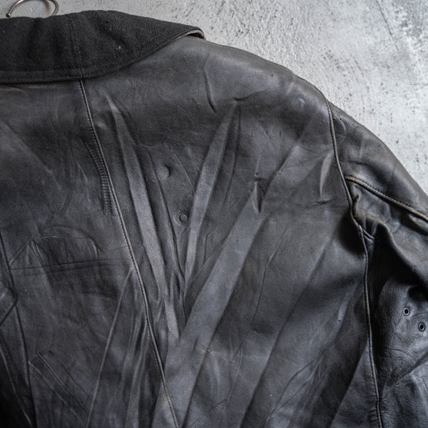 1960s France black leather half coat -wool collar-