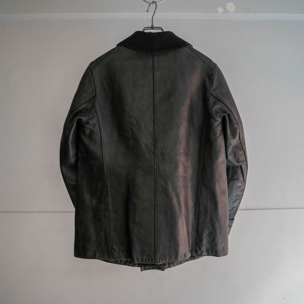 1940s France black corbusier leather jacket -black wool collar-