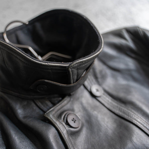 1940s France black corbusier leather jacket -black wool collar-