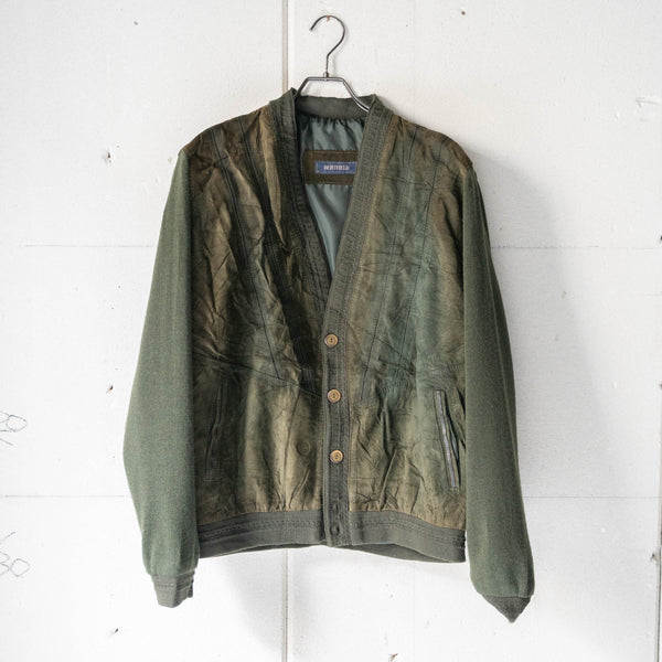 around 1980s Spain moss green color suede × knit switching cardigan