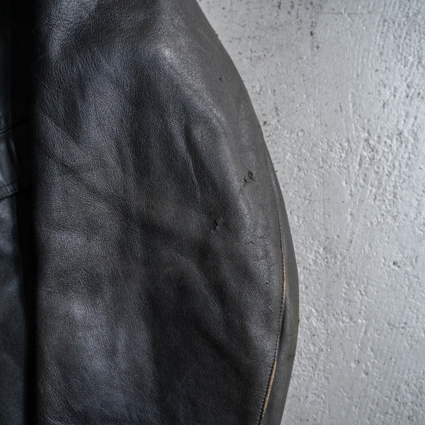 1940s France black corbusier leather jacket -black wool collar-