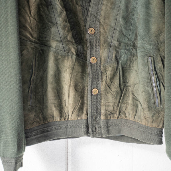 around 1980s Spain moss green color suede × knit switching cardigan