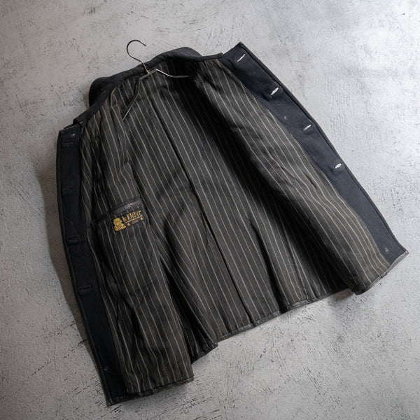 1940s France black corbusier leather jacket -black wool collar-