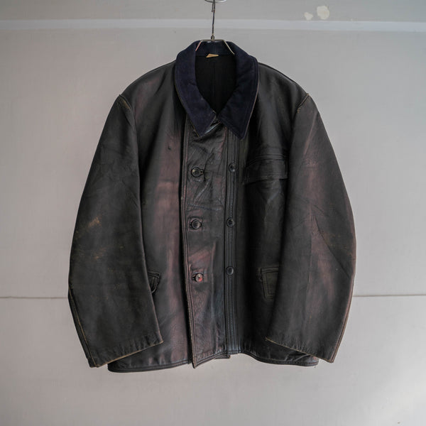 1950s France black corbusier leather jacket -navy wool collar-