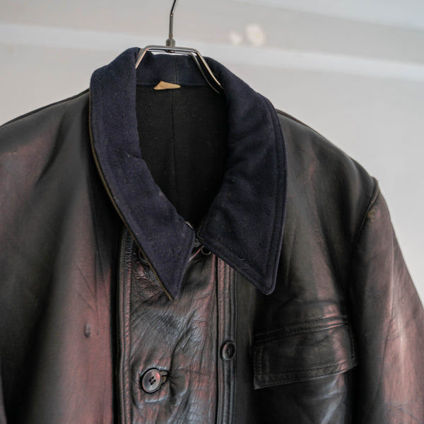 1950s France black corbusier leather jacket -navy wool collar-