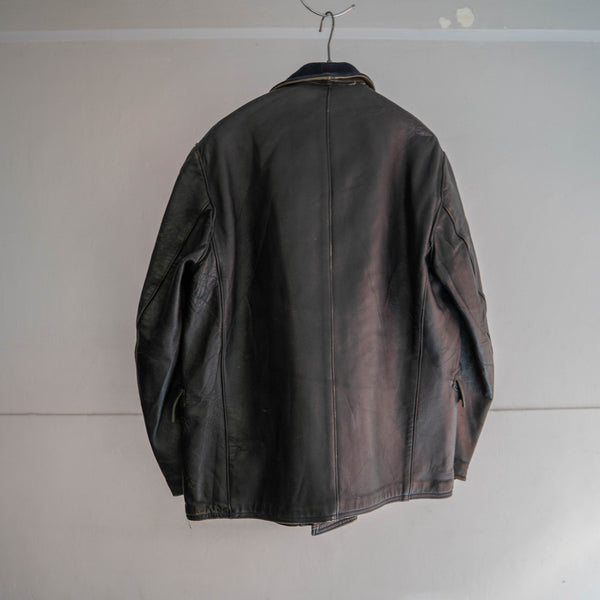 1950s France black corbusier leather jacket -navy wool collar-