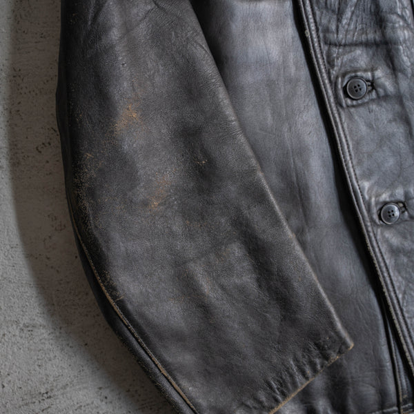 1950s France black corbusier leather jacket -navy wool collar-