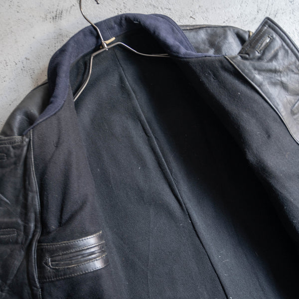 1950s France black corbusier leather jacket -navy wool collar-
