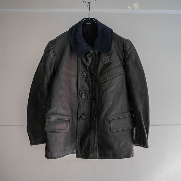 1950s France black corbusier leather jacket -navy wool collar- 2