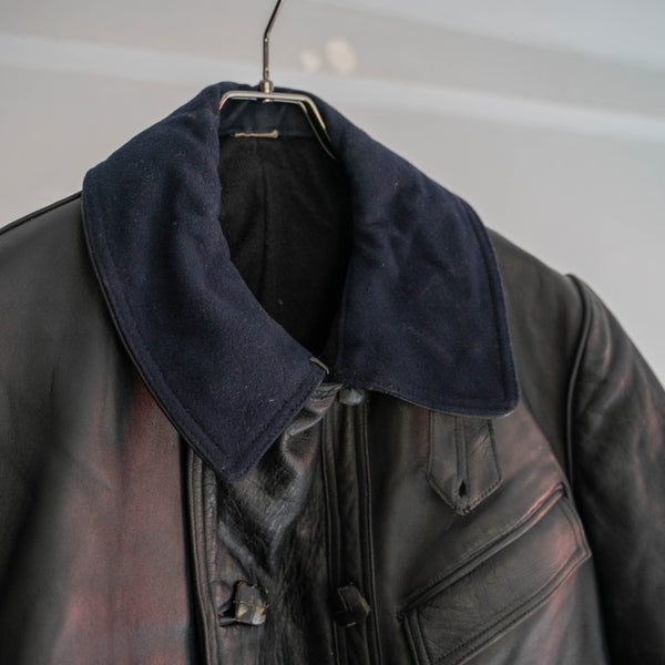 1950s France black corbusier leather jacket -navy wool collar- 2