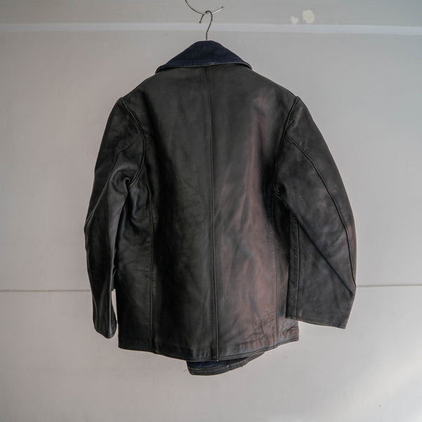 1950s France black corbusier leather jacket -navy wool collar- 2