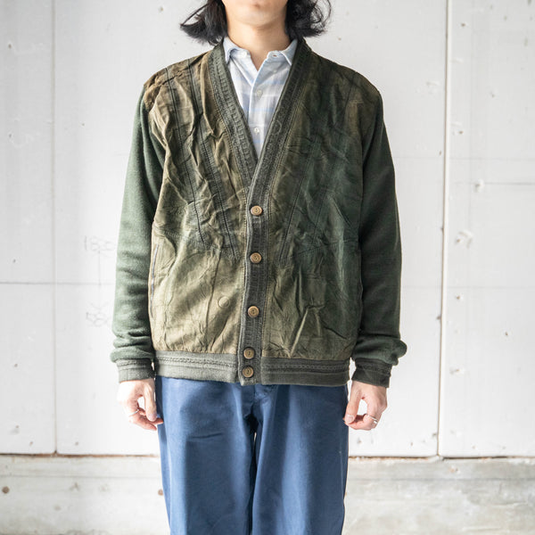 around 1980s Spain moss green color suede × knit switching cardigan