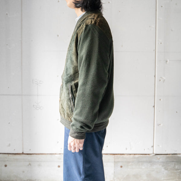 around 1980s Spain moss green color suede × knit switching cardigan