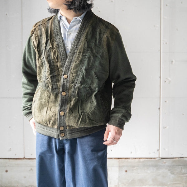 around 1980s Spain moss green color suede × knit switching cardigan