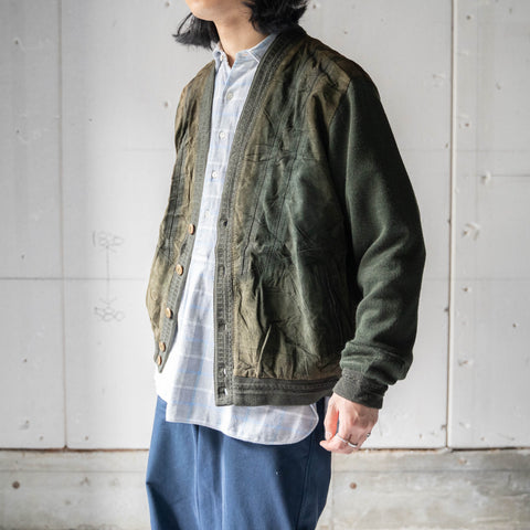 around 1980s Spain moss green color suede × knit switching cardigan
