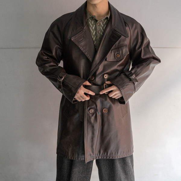 1960-70s Frence aviator style brown double breasted leather coat 'dead stock'