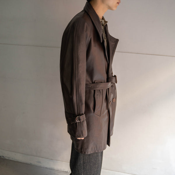 1960-70s Frence aviator style brown double breasted leather coat 'dead stock'