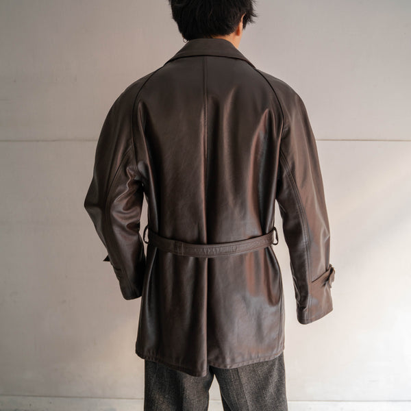1960-70s Frence aviator style brown double breasted leather coat 'dead stock'
