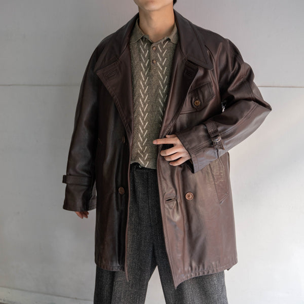 1960-70s Frence aviator style brown double breasted leather coat 'dead stock'