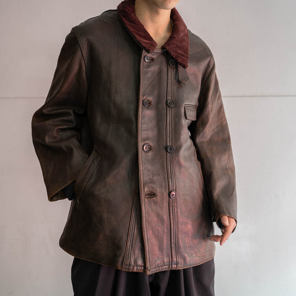 1950-60s France brown corbusier leather jacket -cords collar-