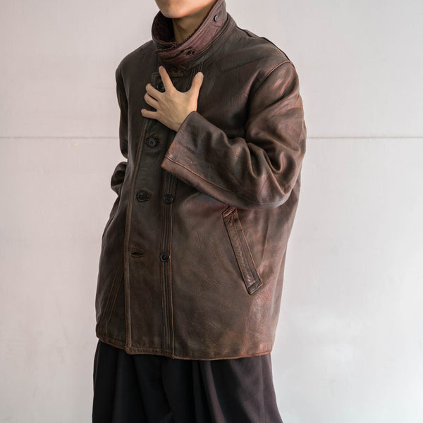 1950-60s France brown corbusier leather jacket -cords collar-