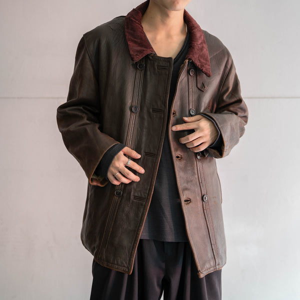 1950-60s France brown corbusier leather jacket -cords collar-