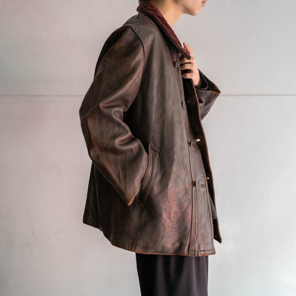 1950-60s France brown corbusier leather jacket -cords collar-