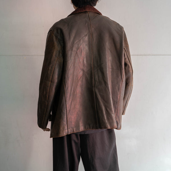 1950-60s France brown corbusier leather jacket -cords collar-