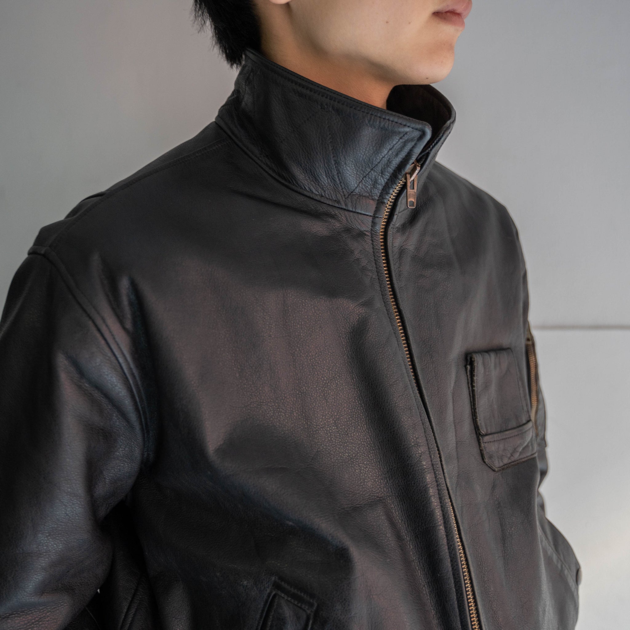 1970-90s French military pilot leather jacket -black color