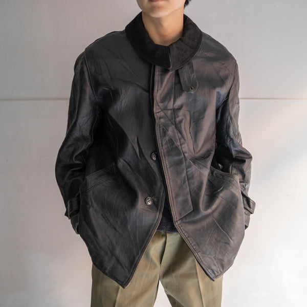 1960s France black leather half coat -wool collar-