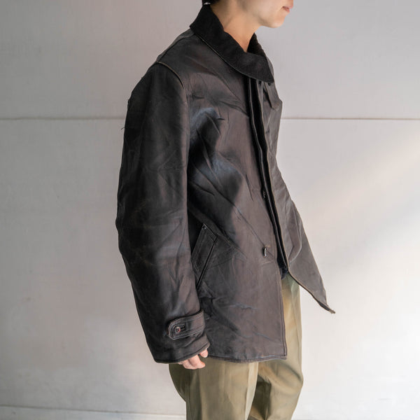 1960s France black leather half coat -wool collar-