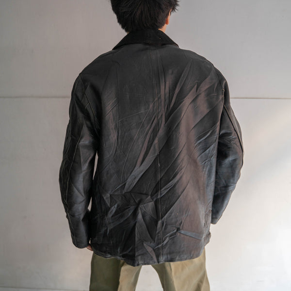 1960s France black leather half coat -wool collar-