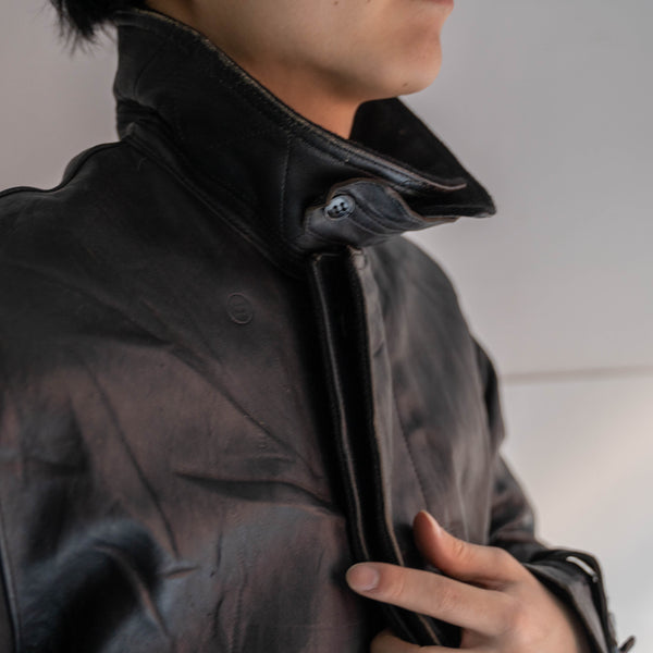1960s France black leather half coat -wool collar-