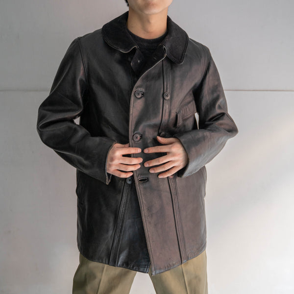 1940s France black corbusier leather jacket -black wool collar-