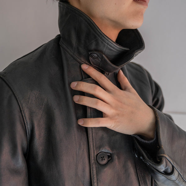 1940s France black corbusier leather jacket -black wool collar-