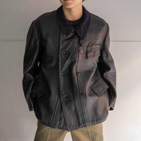 1950s France black corbusier leather jacket -navy wool collar-